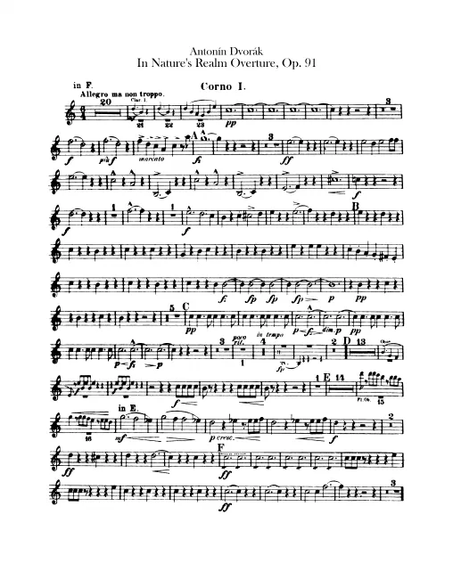 Horn 1, 2 (F, E, E♭), 3, 4 (B♭, D, E, E♭)