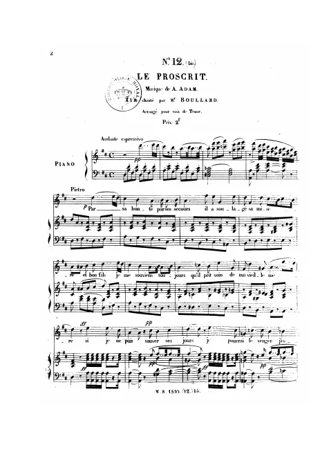 No.12 bis , Cavatine (Air) arrangé pour voix de ténor