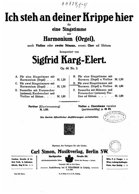 3. Ich steh an deiner Krippe hier (Complete Score and Parts)