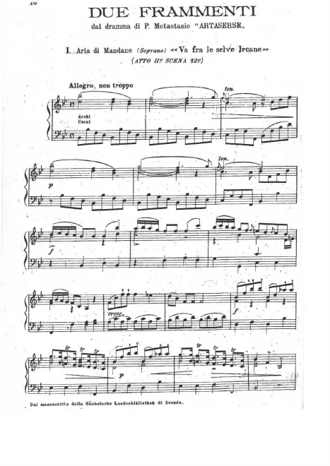 First page of Due frammenti dal dramma 'Artaserse' di P. Metastasio