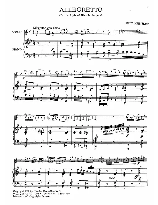 First page of Allegretto in the Style of Porpora
