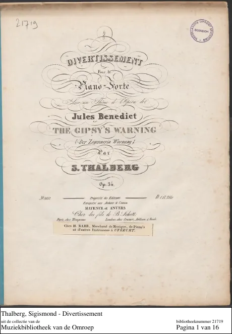 First page of Divertissement sur un thème de l'opéra 'The Gypsy's Warning' de Benedict