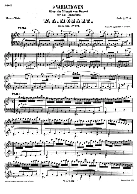 First page of 9 Variations on a Minuet by Duport