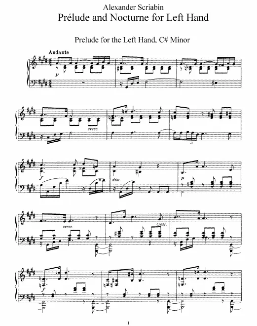 First page of Prelude and Nocturne for the Left Hand