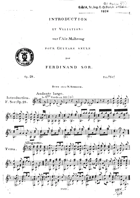 First page of Introduction and Variations on 'Malbroug'