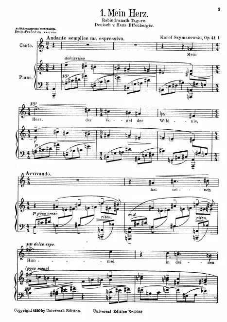 First page of 4 Gesäge Op.41 aus "Der Gartner" von Rabindranath Tagore
