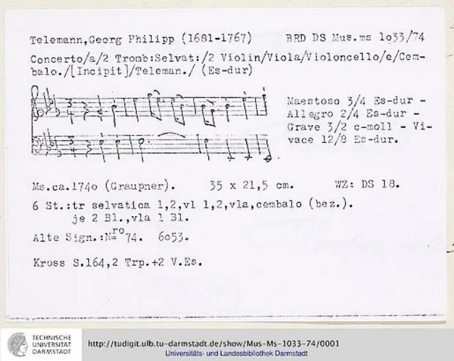 First page of Concerto for 2 Trombe selvatiche and 2 Violins