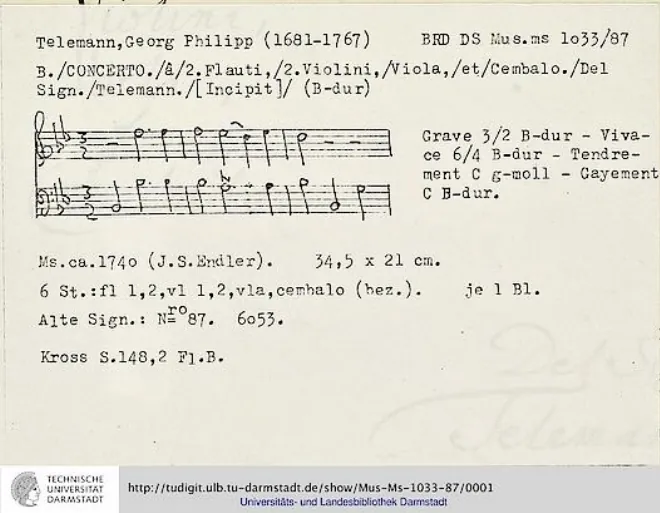 First page of Concerto for 2 Recorders in B-flat major