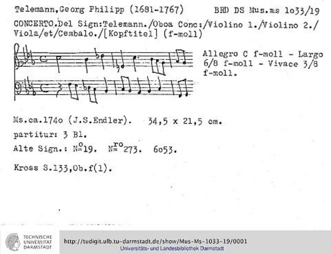 First page of Concerto in F minor for Oboe, Strings and Continuo