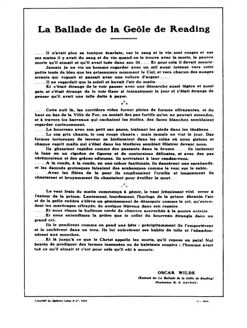 First page of La Ballade de la Geôle de Reading