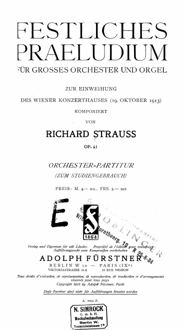 First page of Festliches Praeludium: für grosses Orchester und Orgel