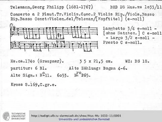 First page of Concerto for 2 Flutes and Violin in E minor