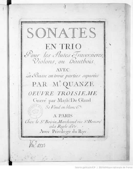 First page of Sonates en trio pour les flûtes traversières, violons ou hautbois avec la basse.