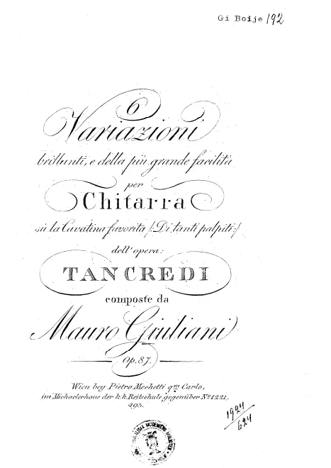 First page of 6 Variazioni brillanti su la Cavatina Di tanti palpiti