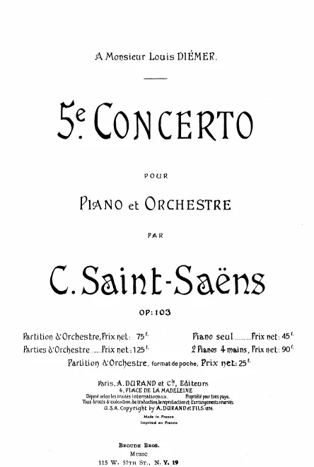 First page of Cinquième Concerto pour Piano et Orchestre