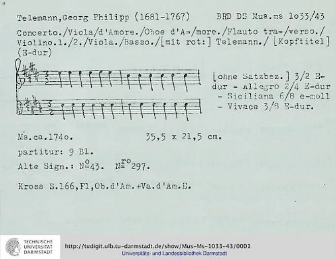 First page of Concerto for Viola d'amore, Oboe d'amore and Flute