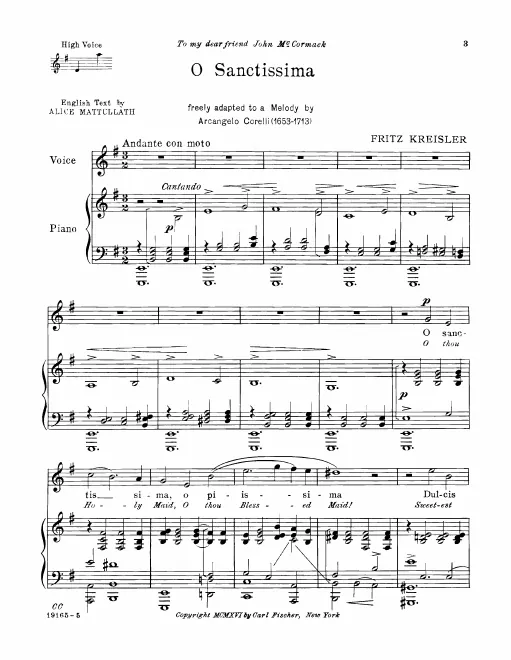 First page of 'O Sanctissima' for High Voice &amp; Piano
