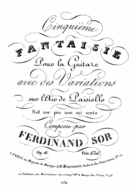 First page of Cinquième fantaisie pour la guitare avec des variations sur l'air de Paisiello "Nel cor piu mi sento"