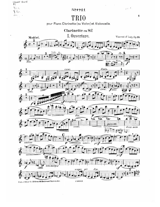 First page of Trio for Piano, Clarinet (or Violin), and Cello